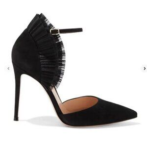 Gianvito Rossi Annabelle Black Suede and Tulle Ruffle Pumps Heels Size 38 US 8